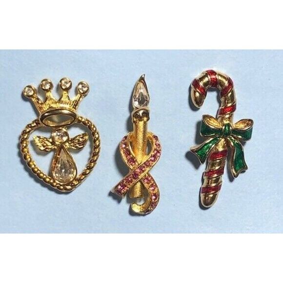 3 Vintage Signed AVON Christmas Pins,Candle,Angel & Candy Cane Tie Tack - Picture 1 of 3